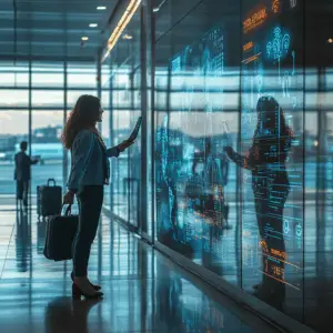 Eine Frau im Business-Anzug steht mit einer Laptoptasche und ihrem Smartphone vor einem großen Touchscreen und analysiert Grafiken. Im Hintergrund sieht man Reisende mit Koffern. Hinter der Glasfassade des Gebäudes kann man einen Flughafen erahnen.